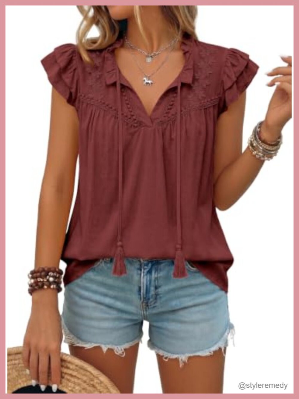 Womens V Neck Cap Sleeve Ruffle Lace Blouse Pleated Peasant Top